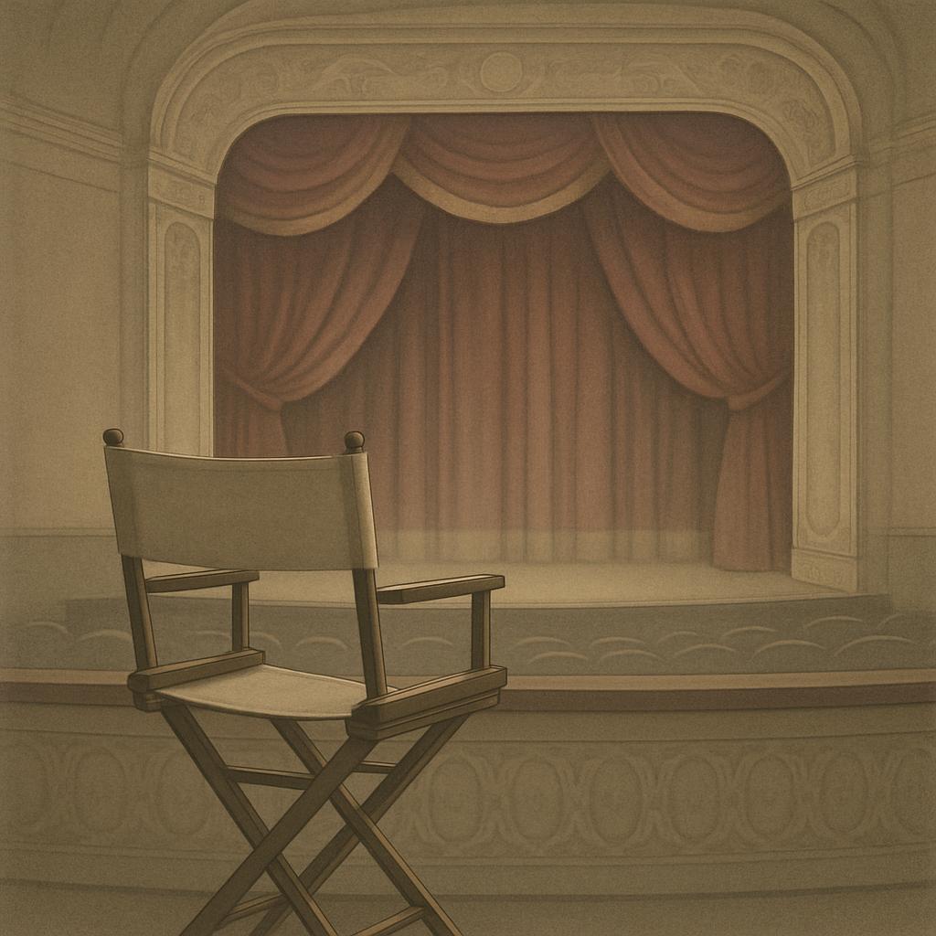 The image shows an empty director's chair sitting in front of a stage. The chair is made of wood but appears to be upholst...