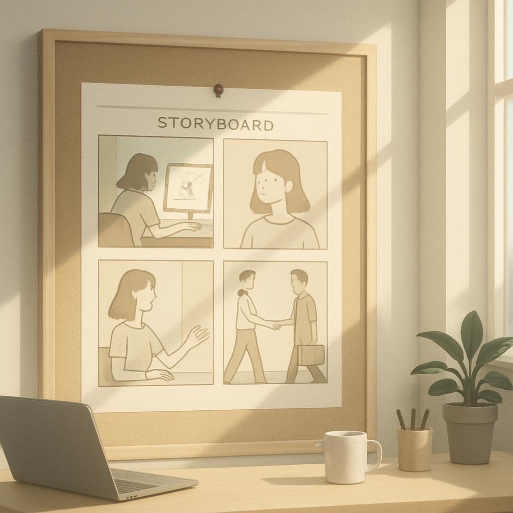 A visual representation of a Storyboard for a film or video production, featuring four panels and a laptop, likely used to...