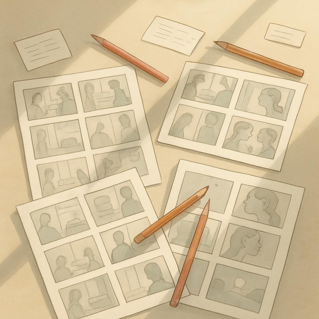 A top-down view of storyboards and other office supplies laid out on a desk. These clips are in a nostalgic sepia tone. Th...